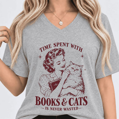 Time Spent With Books & Cats Ultra-Soft V-Neck | Cat Lover Reader Gift Athletic Heather