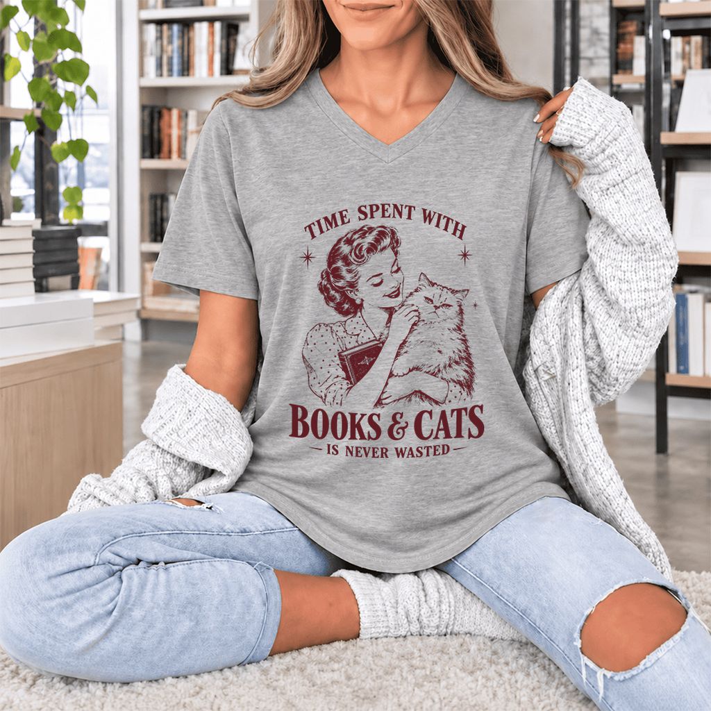 Time Spent With Books & Cats Ultra-Soft V-Neck | Cat Lover Reader Gift Athletic Heather