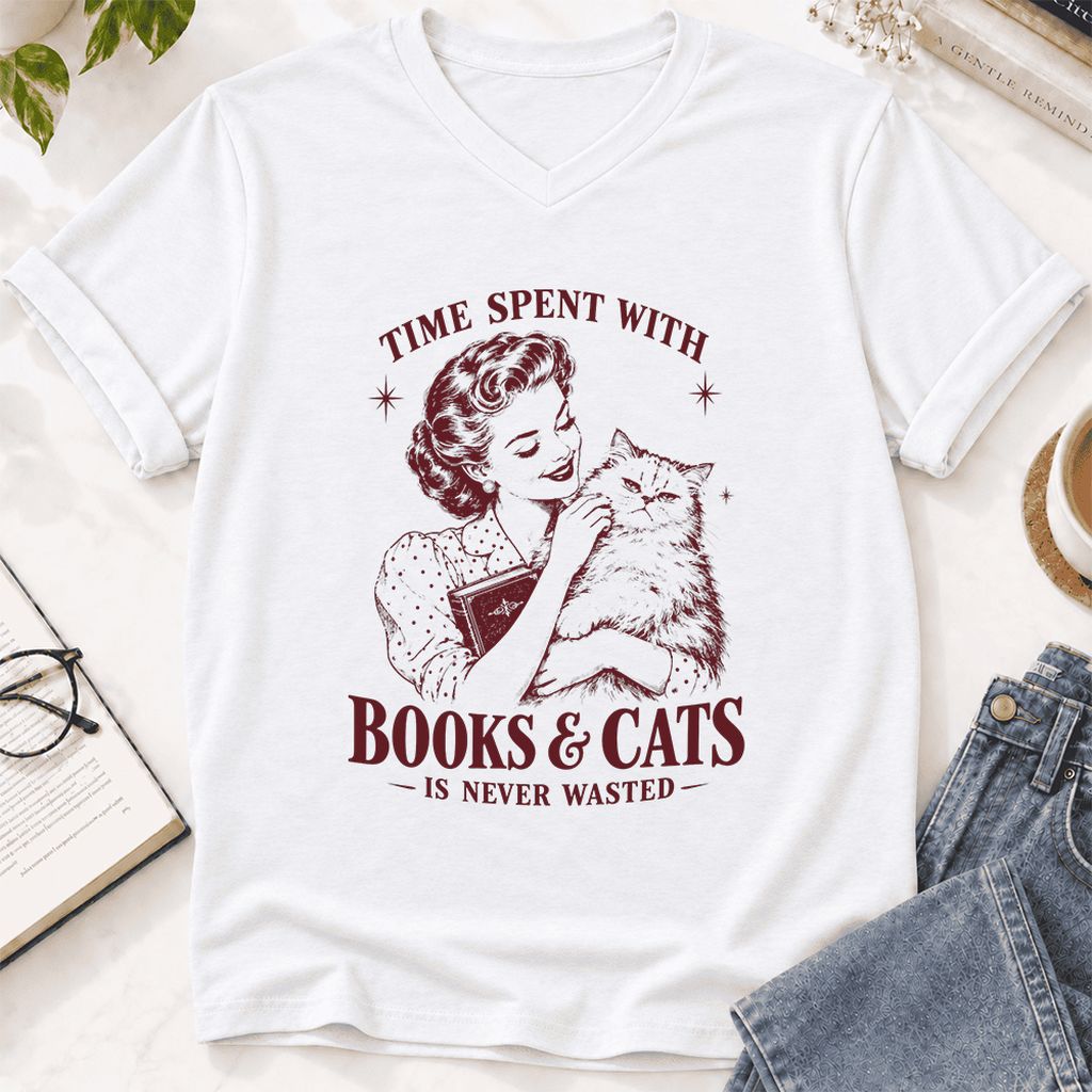 Time Spent With Books & Cats Ultra-Soft V-Neck | Cat Lover Reader Gift White