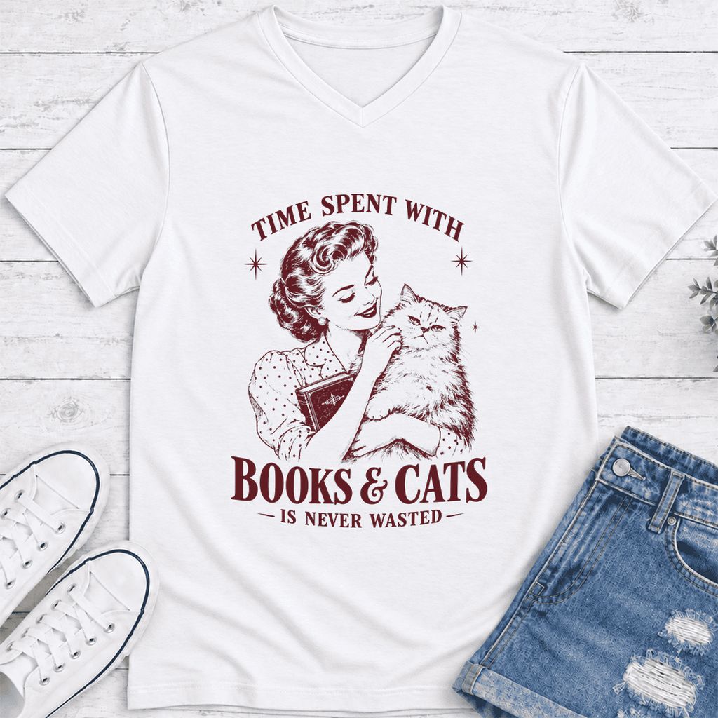 Time Spent With Books & Cats Ultra-Soft V-Neck | Cat Lover Reader Gift White