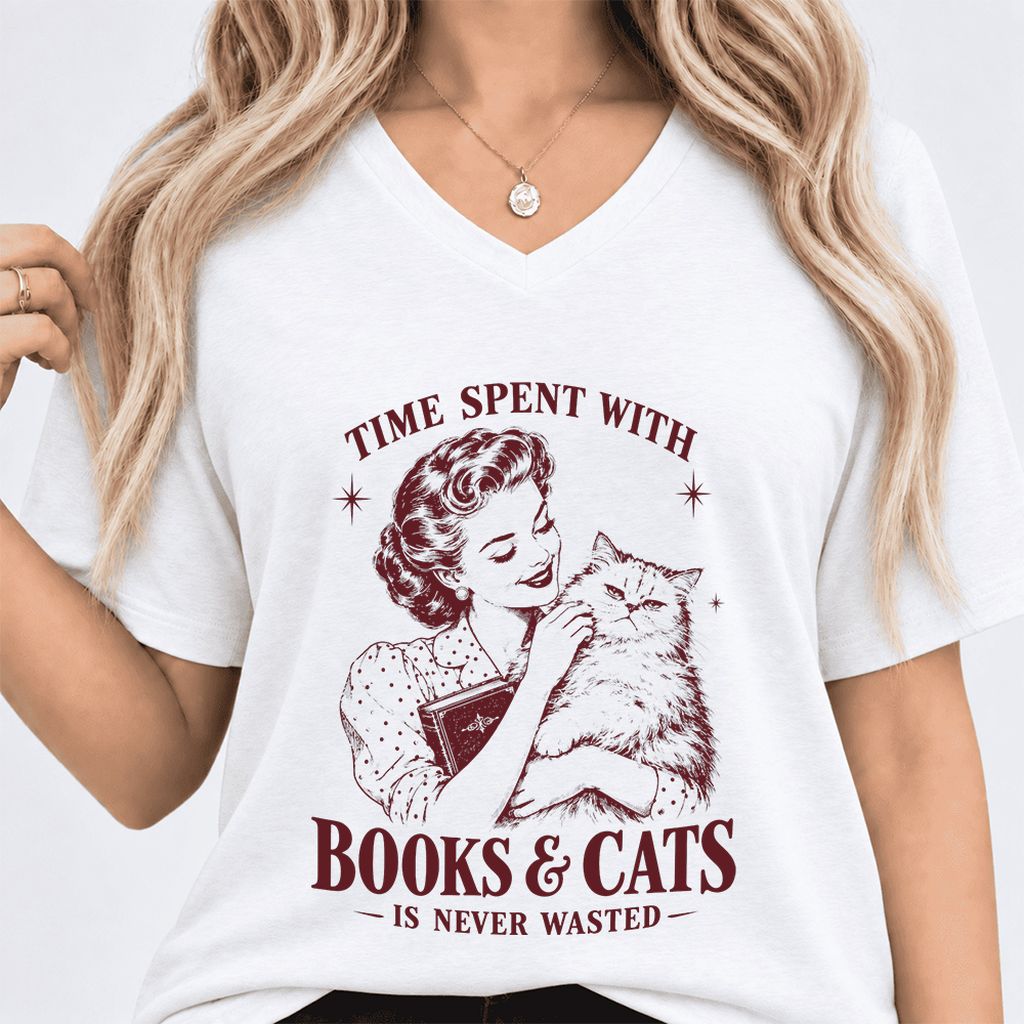 Time Spent With Books & Cats Ultra-Soft V-Neck | Cat Lover Reader Gift White