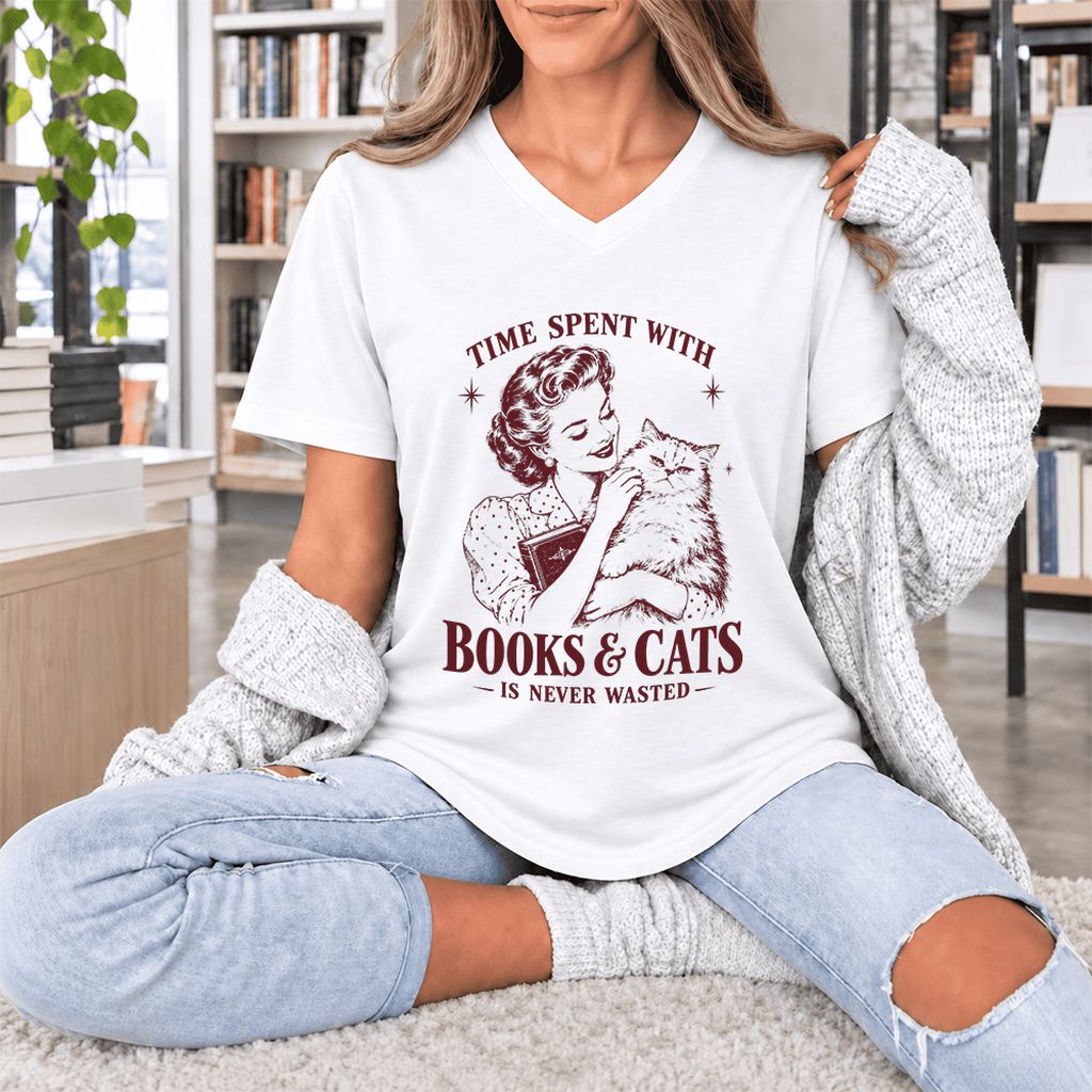 Time Spent With Books & Cats Ultra-Soft V-Neck | Cat Lover Reader Gift White