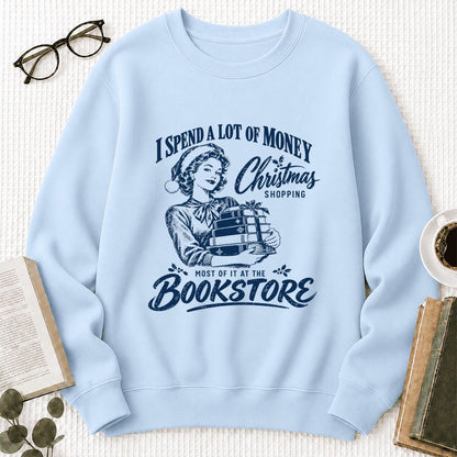 Christmas Book Shopping Printed Sweatshirt | Christmas Reader Gift Light Blue