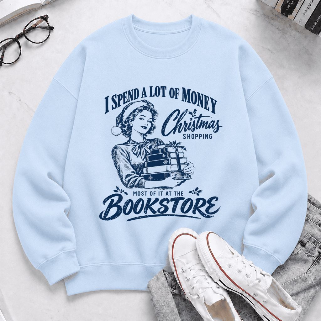 Christmas Book Shopping Printed Sweatshirt | Christmas Reader Gift Light Blue