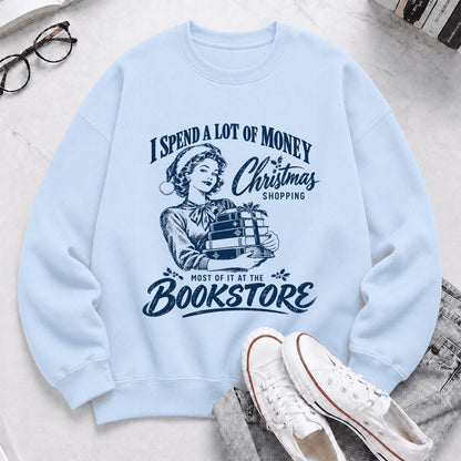 Christmas Book Shopping Printed Sweatshirt | Christmas Reader Gift Light Blue