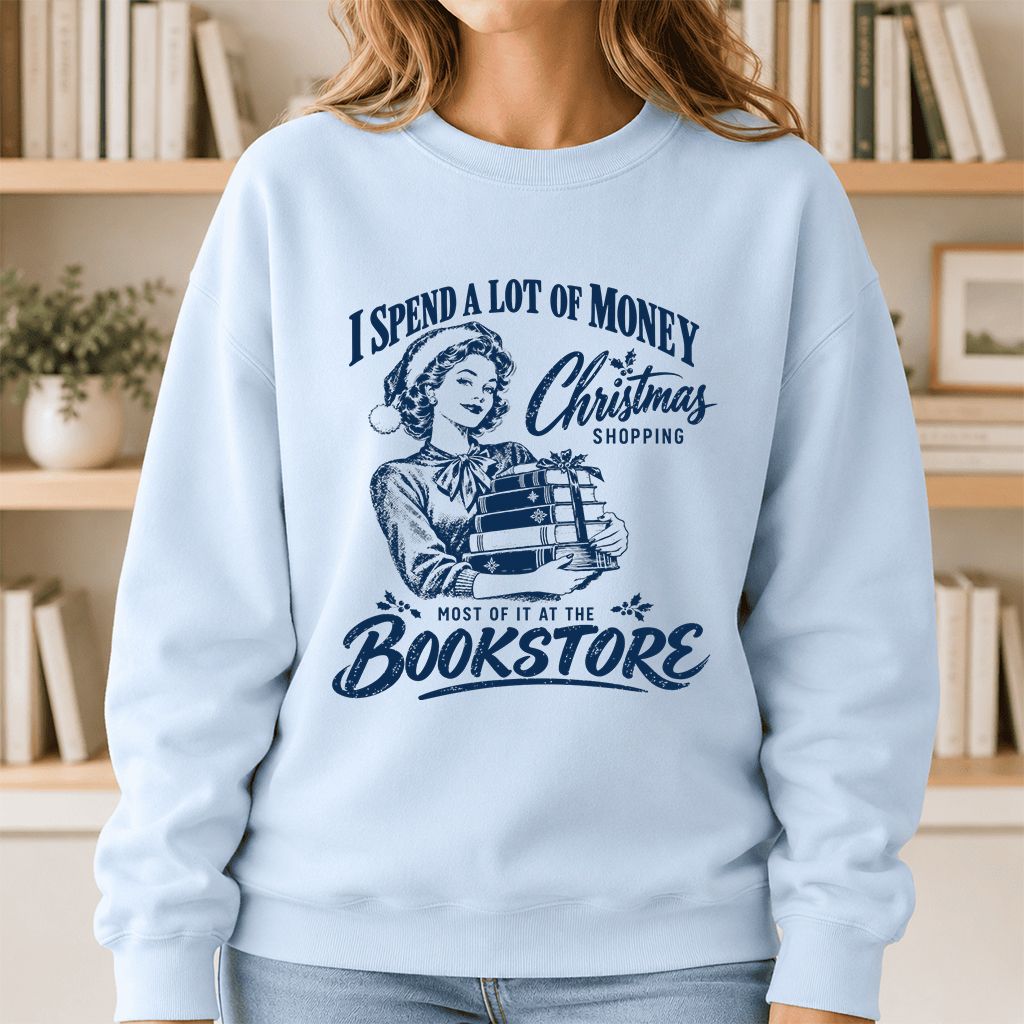 Christmas Book Shopping Printed Sweatshirt | Christmas Reader Gift Light Blue