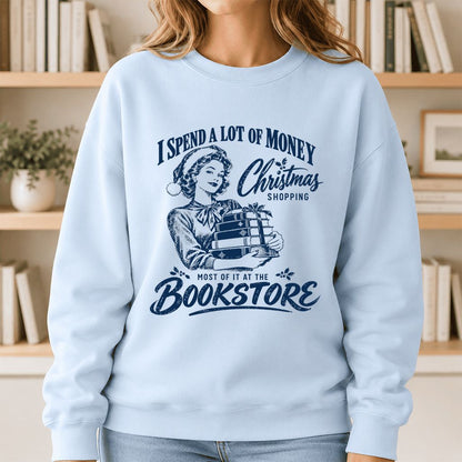 Christmas Book Shopping Printed Sweatshirt | Christmas Reader Gift Light Blue