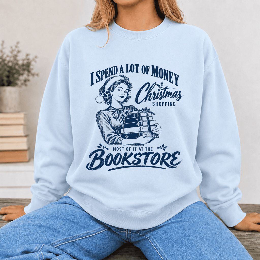 Christmas Book Shopping Printed Sweatshirt | Christmas Reader Gift Light Blue