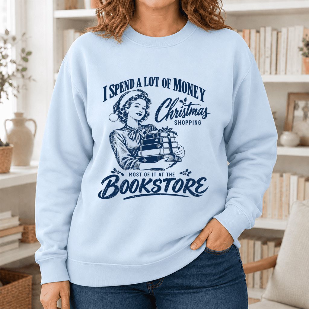 Christmas Book Shopping Printed Sweatshirt | Christmas Reader Gift Light Blue