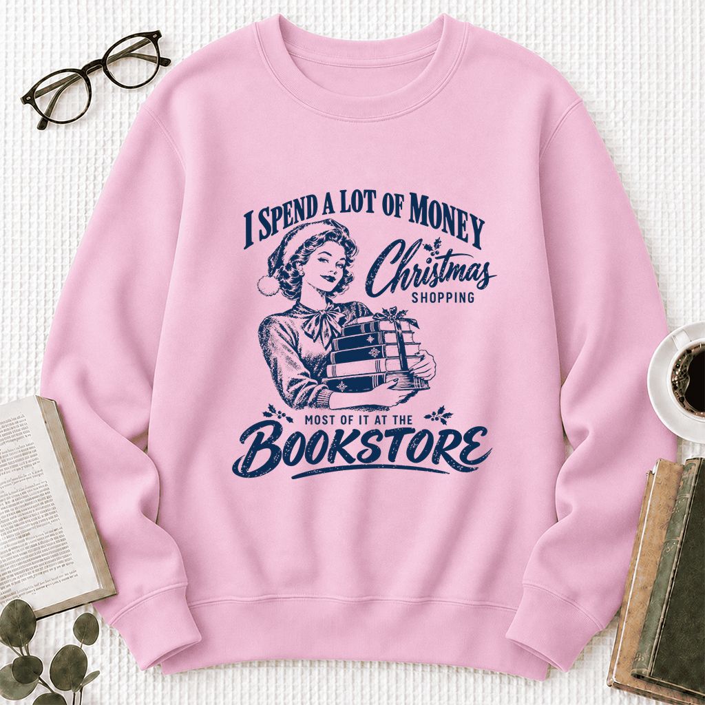 Christmas Book Shopping Printed Sweatshirt | Christmas Reader Gift Light Pink