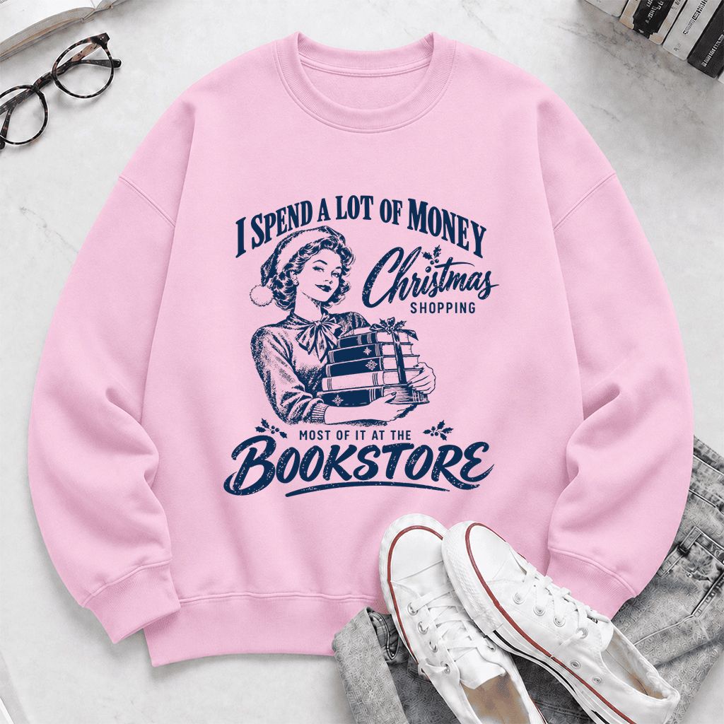 Christmas Book Shopping Printed Sweatshirt | Christmas Reader Gift Light Pink