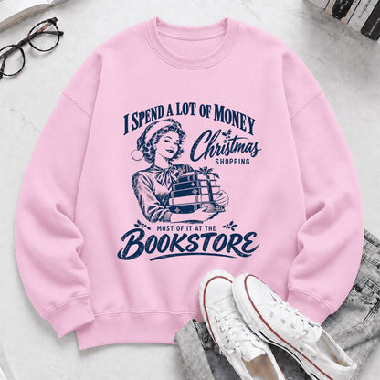 Christmas Book Shopping Printed Sweatshirt | Christmas Reader Gift Light Pink