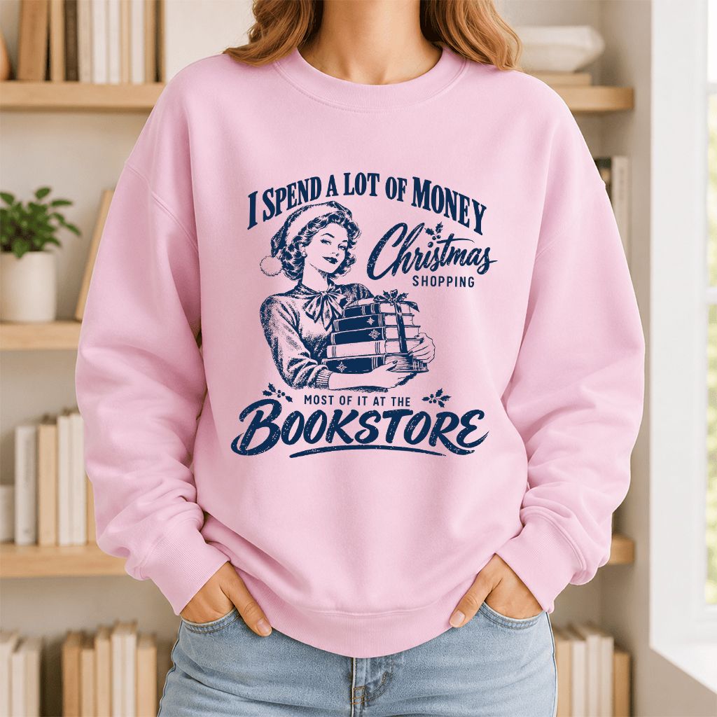 Christmas Book Shopping Printed Sweatshirt | Christmas Reader Gift Light Pink