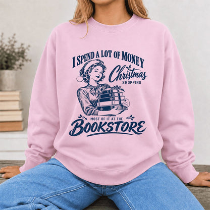 Christmas Book Shopping Printed Sweatshirt | Christmas Reader Gift Light Pink