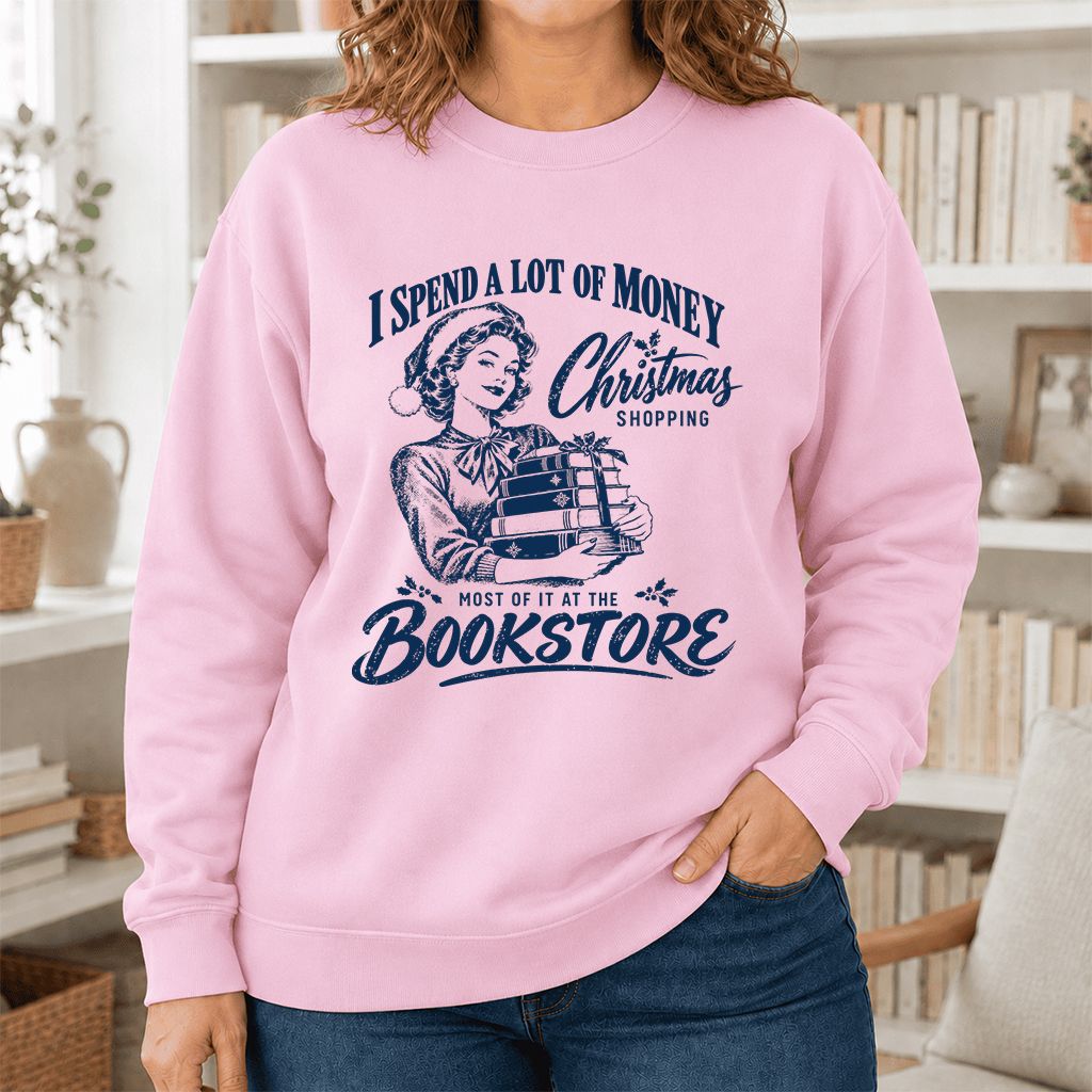 Christmas Book Shopping Printed Sweatshirt | Christmas Reader Gift Light Pink