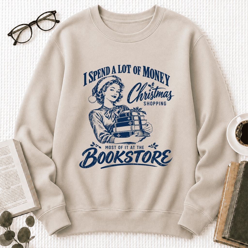 Christmas Book Shopping Printed Sweatshirt | Christmas Reader Gift Sand