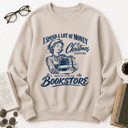 Christmas Book Shopping Printed Sweatshirt | Christmas Reader Gift Sand