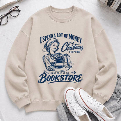 Christmas Book Shopping Printed Sweatshirt | Christmas Reader Gift Sand