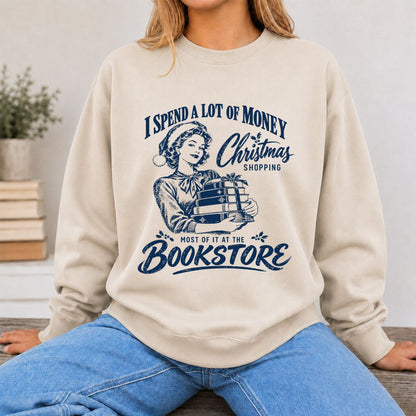 Christmas Book Shopping Printed Sweatshirt | Christmas Reader Gift Sand