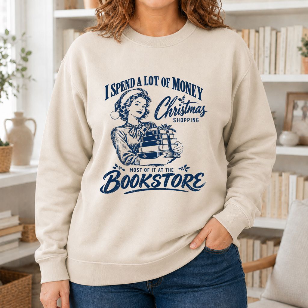 Christmas Book Shopping Printed Sweatshirt | Christmas Reader Gift Sand