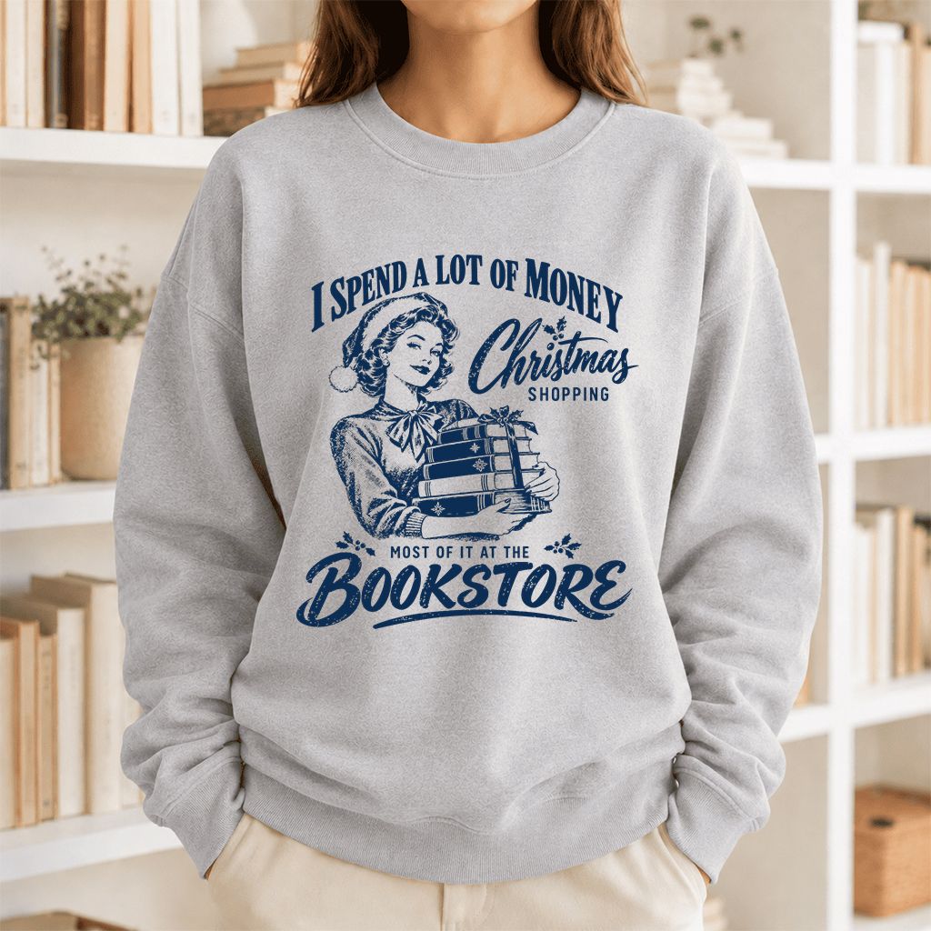 Christmas Book Shopping Printed Sweatshirt | Christmas Reader Gift Sport Grey