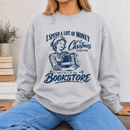 Christmas Book Shopping Printed Sweatshirt | Christmas Reader Gift Sport Grey