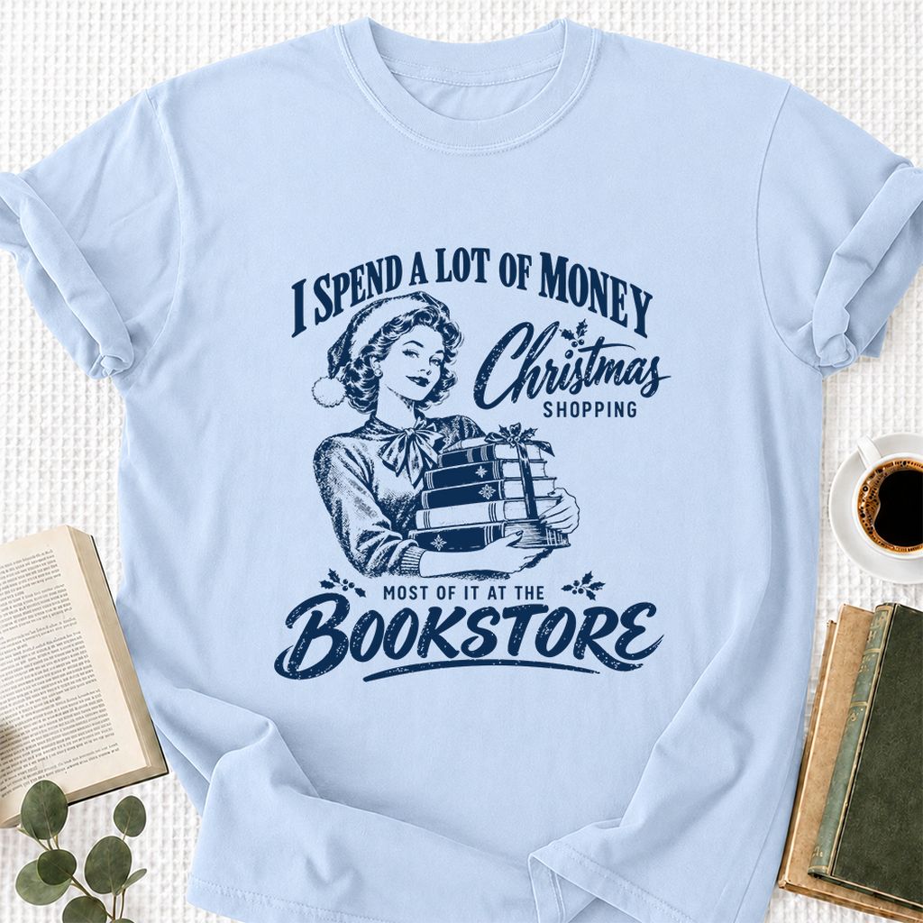Christmas Book Shopping Printed T-Shirt | Christmas Reader Gift Light Blue