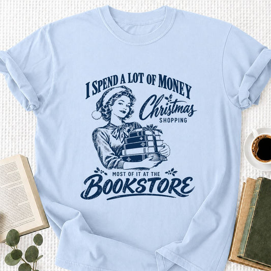 Christmas Book Shopping Printed T-Shirt | Christmas Reader Gift Light Blue