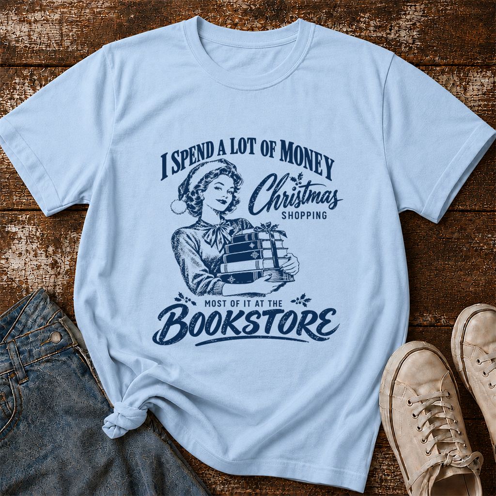 Christmas Book Shopping Printed T-Shirt | Christmas Reader Gift Light Blue