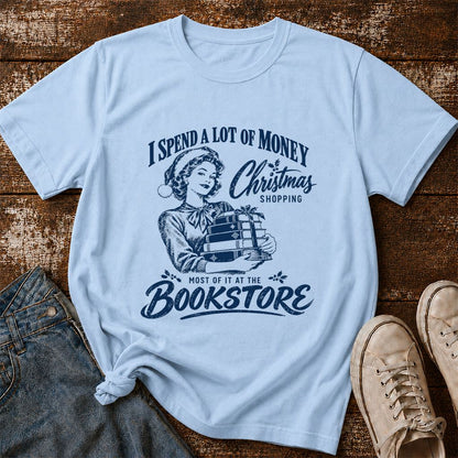 Christmas Book Shopping Printed T-Shirt | Christmas Reader Gift Light Blue
