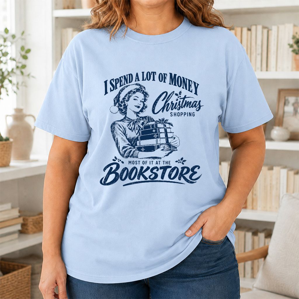 Christmas Book Shopping Printed T-Shirt | Christmas Reader Gift Light Blue