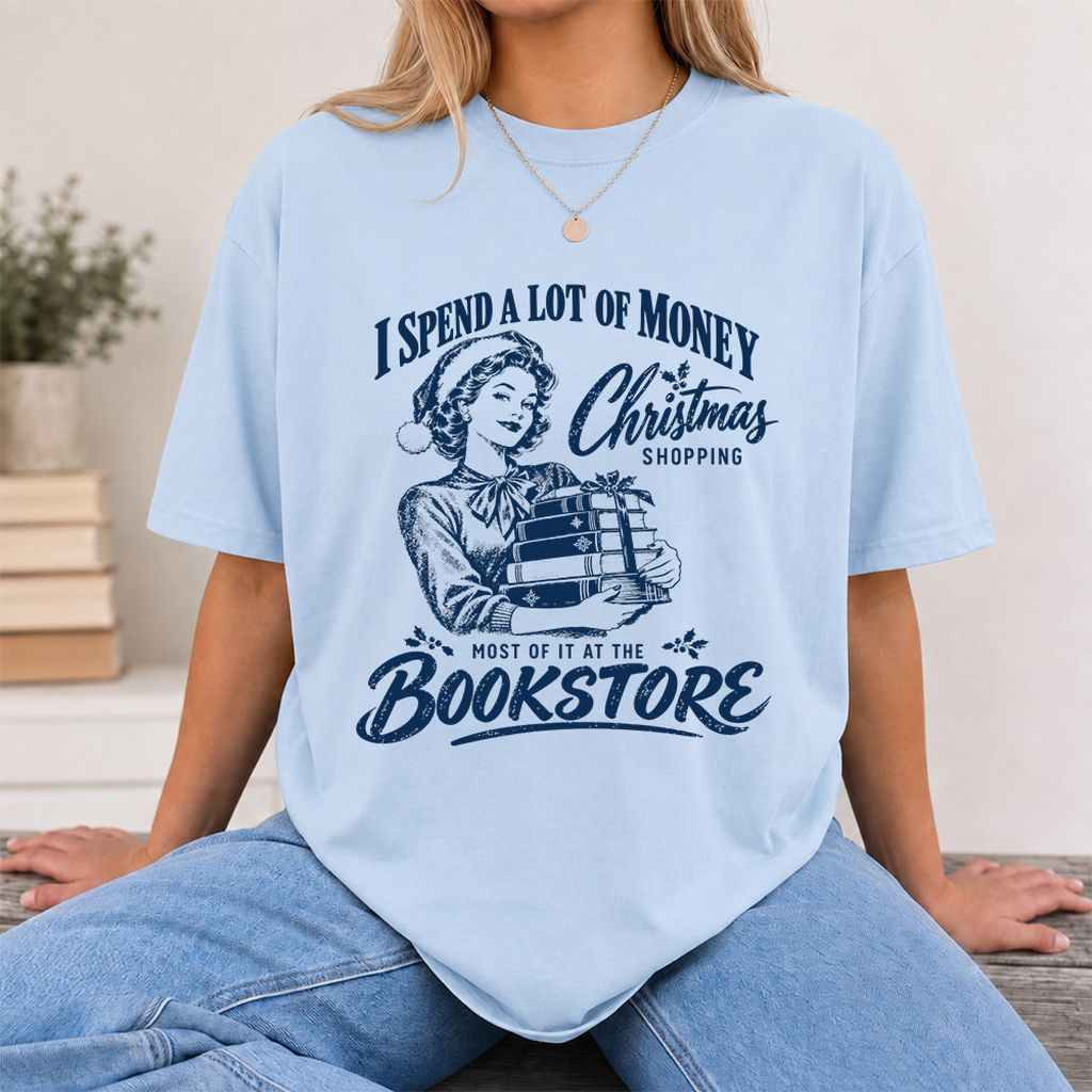 Christmas Book Shopping Printed T-Shirt | Christmas Reader Gift Light Blue