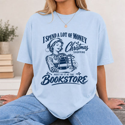 Christmas Book Shopping Printed T-Shirt | Christmas Reader Gift Light Blue