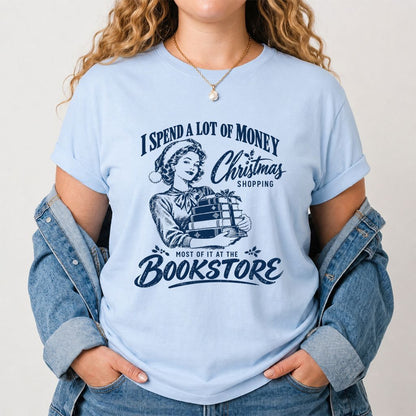 Christmas Book Shopping Printed T-Shirt | Christmas Reader Gift Light Blue