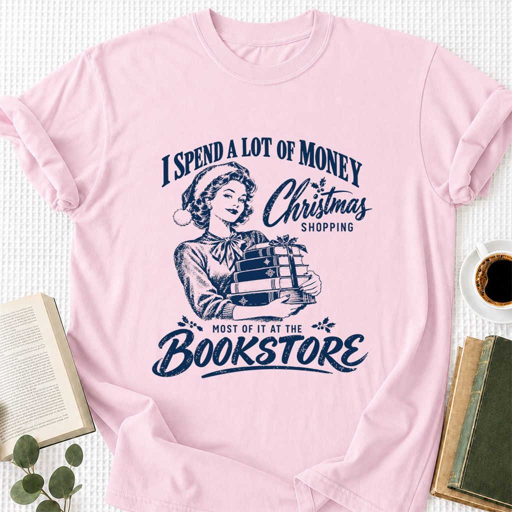 Christmas Book Shopping Printed T-Shirt | Christmas Reader Gift Light Pink