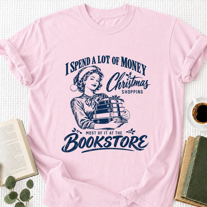 Christmas Book Shopping Printed T-Shirt | Christmas Reader Gift Light Pink