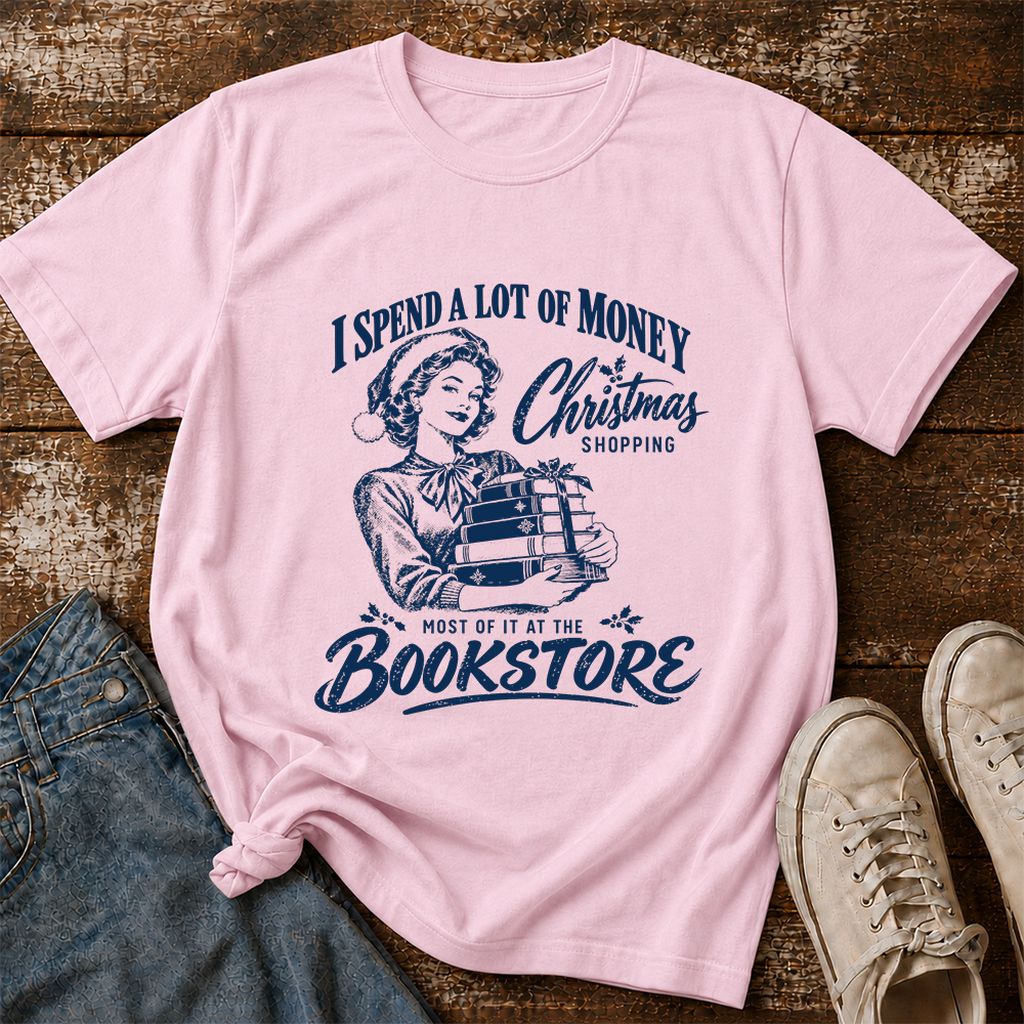 Christmas Book Shopping Printed T-Shirt | Christmas Reader Gift Light Pink