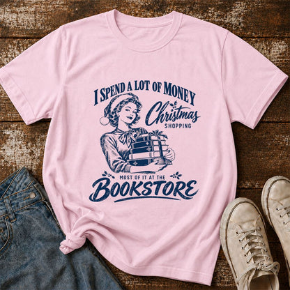 Christmas Book Shopping Printed T-Shirt | Christmas Reader Gift Light Pink