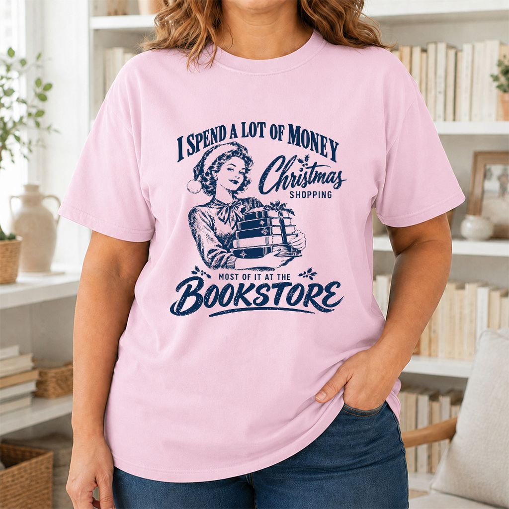Christmas Book Shopping Printed T-Shirt | Christmas Reader Gift Light Pink