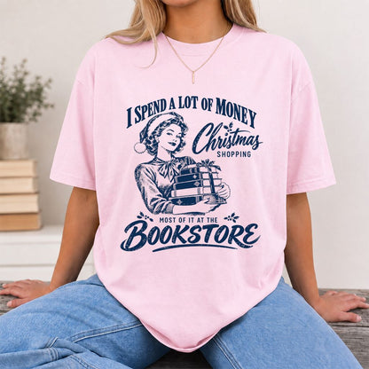 Christmas Book Shopping Printed T-Shirt | Christmas Reader Gift Light Pink