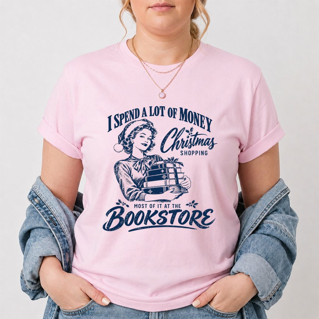 Christmas Book Shopping Printed T-Shirt | Christmas Reader Gift Light Pink