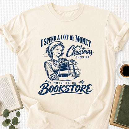 Christmas Book Shopping Printed T-Shirt | Christmas Reader Gift Natural