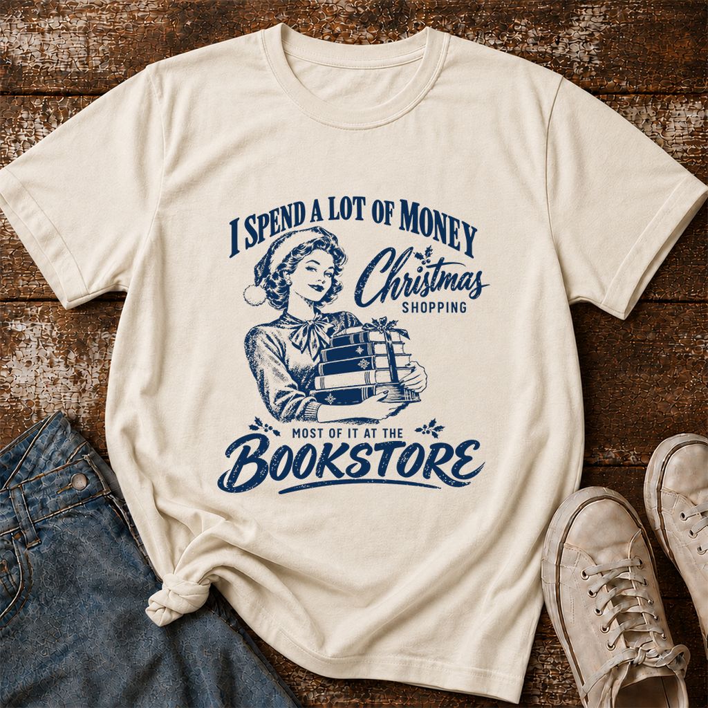 Christmas Book Shopping Printed T-Shirt | Christmas Reader Gift Natural