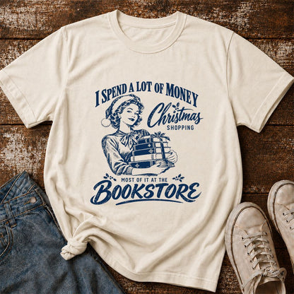Christmas Book Shopping Printed T-Shirt | Christmas Reader Gift Natural
