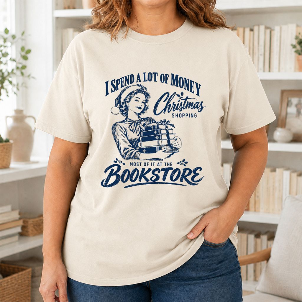 Christmas Book Shopping Printed T-Shirt | Christmas Reader Gift Natural