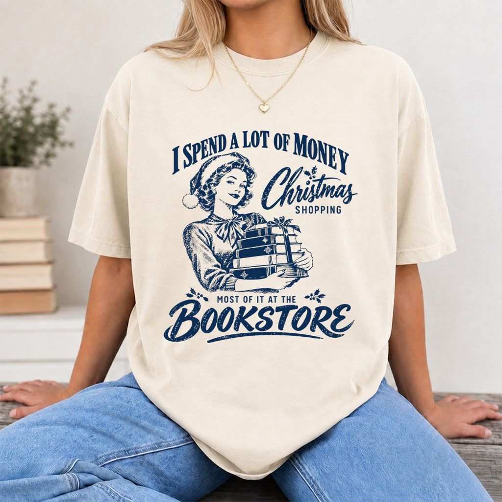 Christmas Book Shopping Printed T-Shirt | Christmas Reader Gift Natural