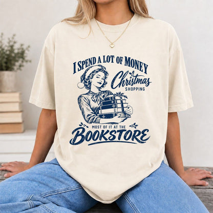 Christmas Book Shopping Printed T-Shirt | Christmas Reader Gift Natural