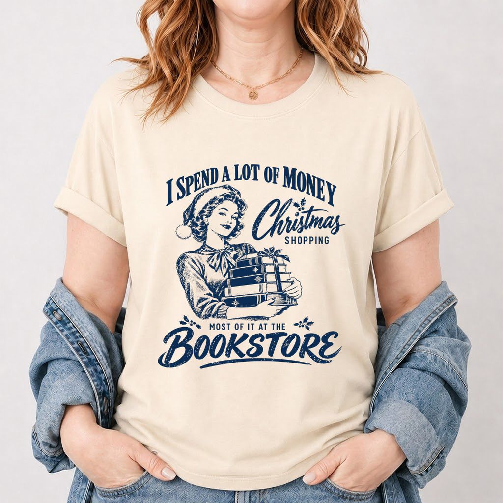 Christmas Book Shopping Printed T-Shirt | Christmas Reader Gift Natural