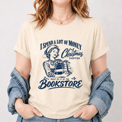 Christmas Book Shopping Printed T-Shirt | Christmas Reader Gift Natural