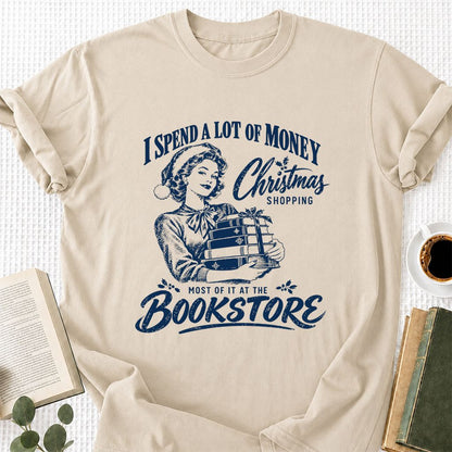 Christmas Book Shopping Printed T-Shirt | Christmas Reader Gift Sand